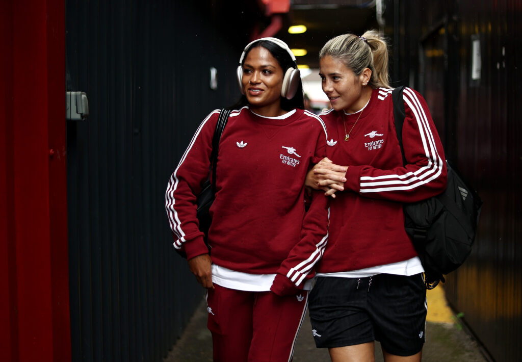 DAGENHAM, ENGLAND - SEPTEMBER 12: Taylor Hinds and Kyra Cooney-Cross of Arsenal arrive at the stadium prior to the Barclays Women's Super League match between West Ham United and Arsenal at Chigwell Construction Stadium on September 12, 2025 in Dagenham, England. (Photo by James Fearn/Getty Images)
