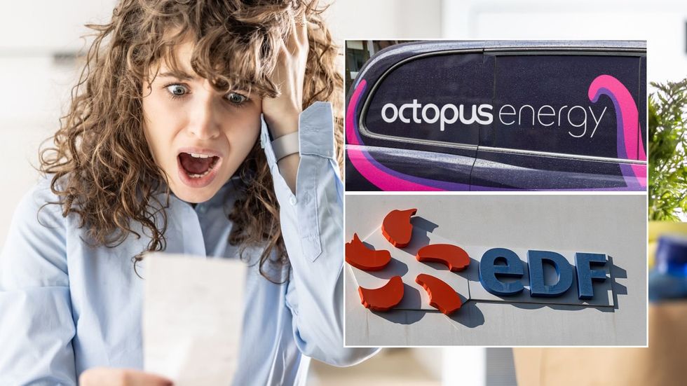 Woman looking shocked, Octopus Energy and EDF logos