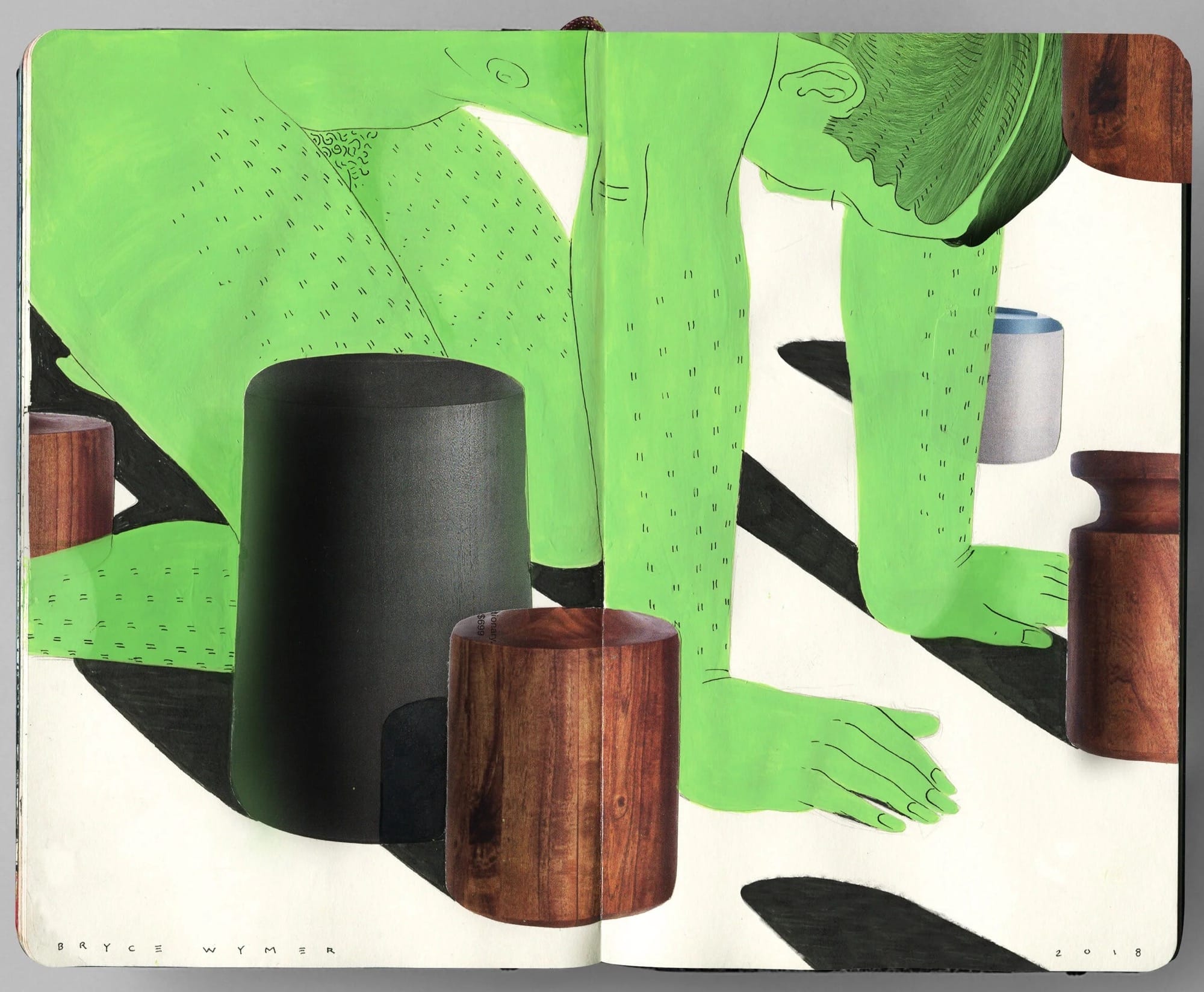 a sketchbook spread by Bryce Wymer featuring a cartoonish green figure on all fours next to two vessels