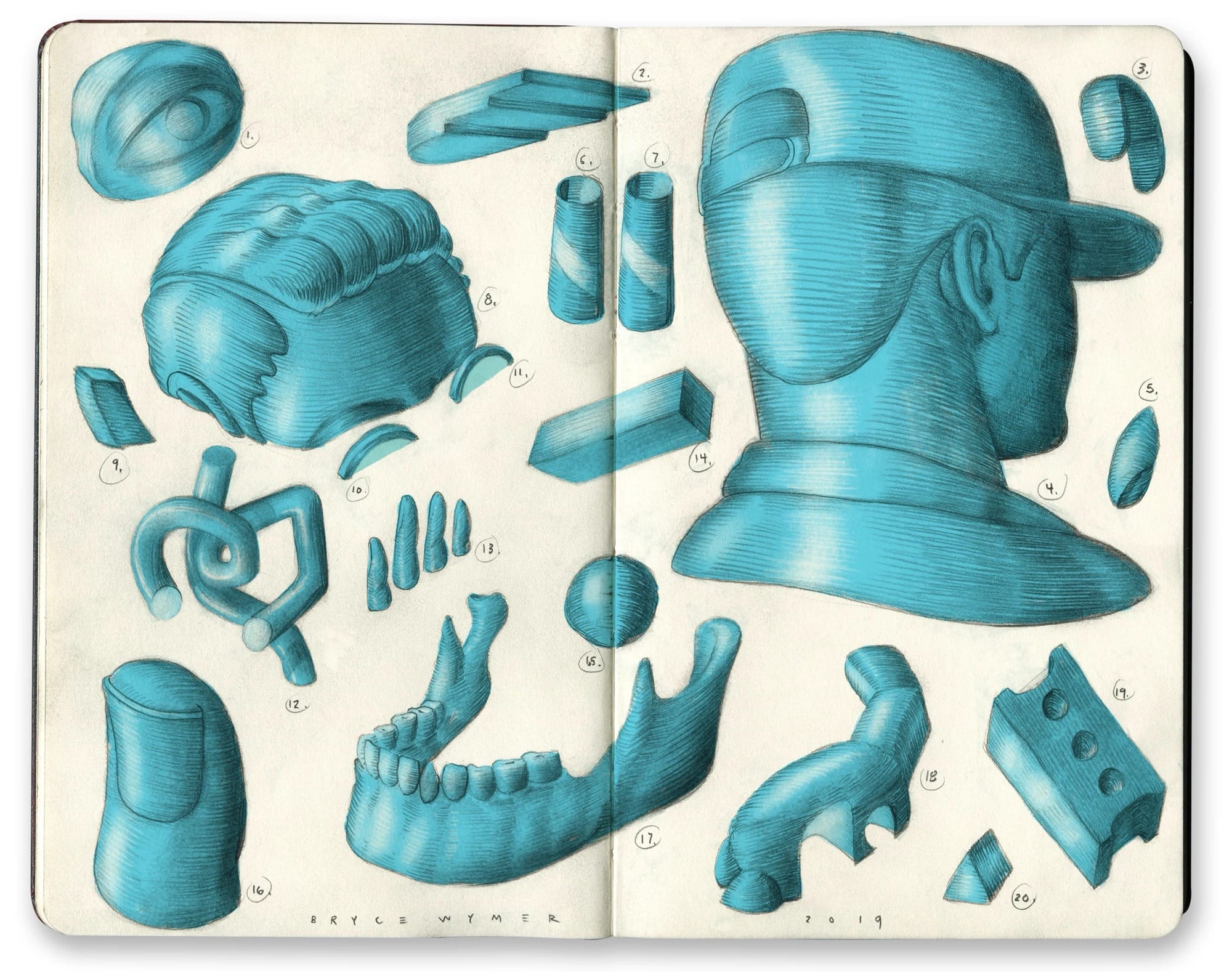 a sketchbook spread by Bryce Wymer featuring cartoonish and abstracted shapes and human anatomical forms