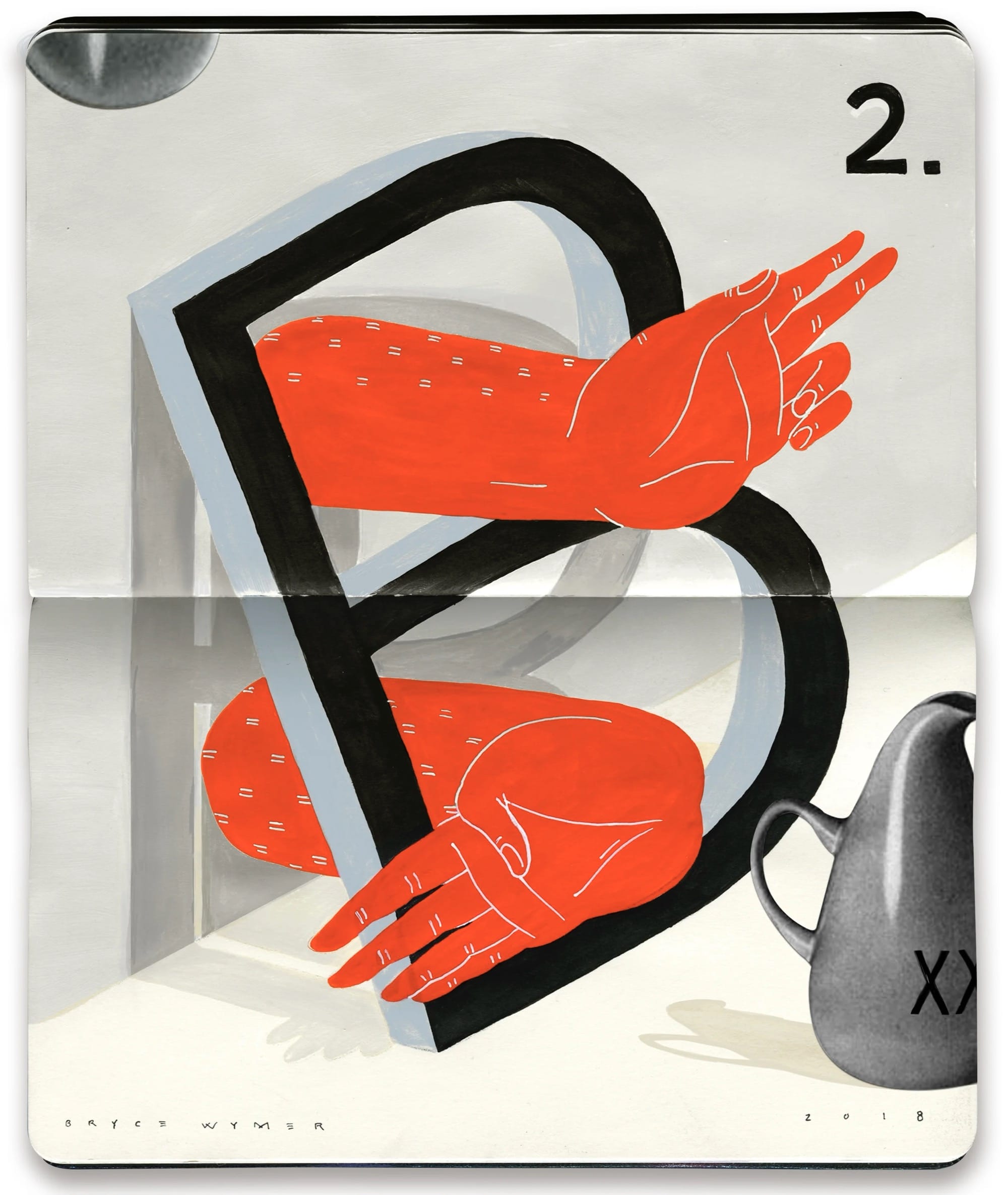 a sketchbook spread by Bryce Wymer featuring the letter "B" with two red arms going through the loops