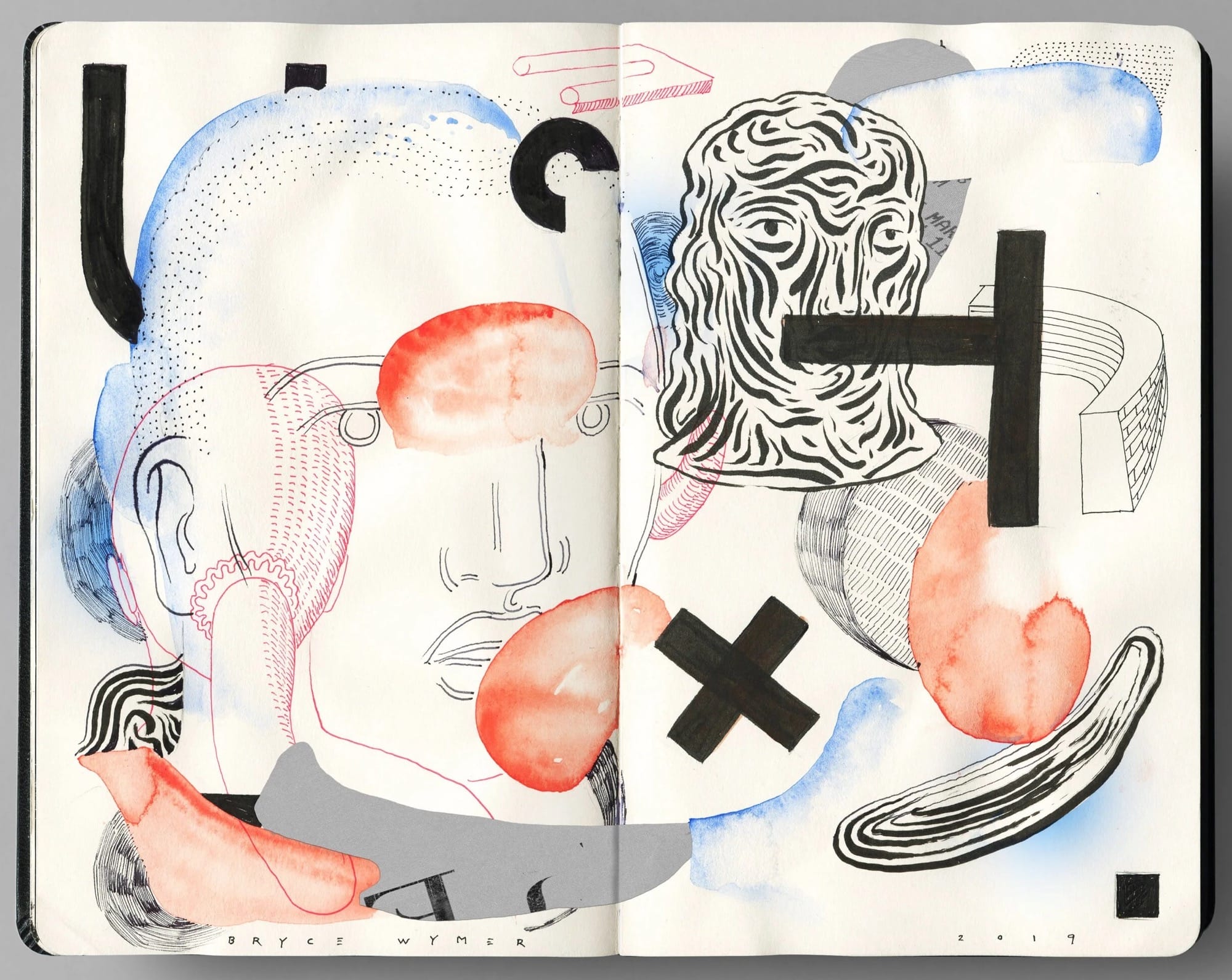 a sketchbook spread by Bryce Wymer featuring abstract forms and human anatomical forms