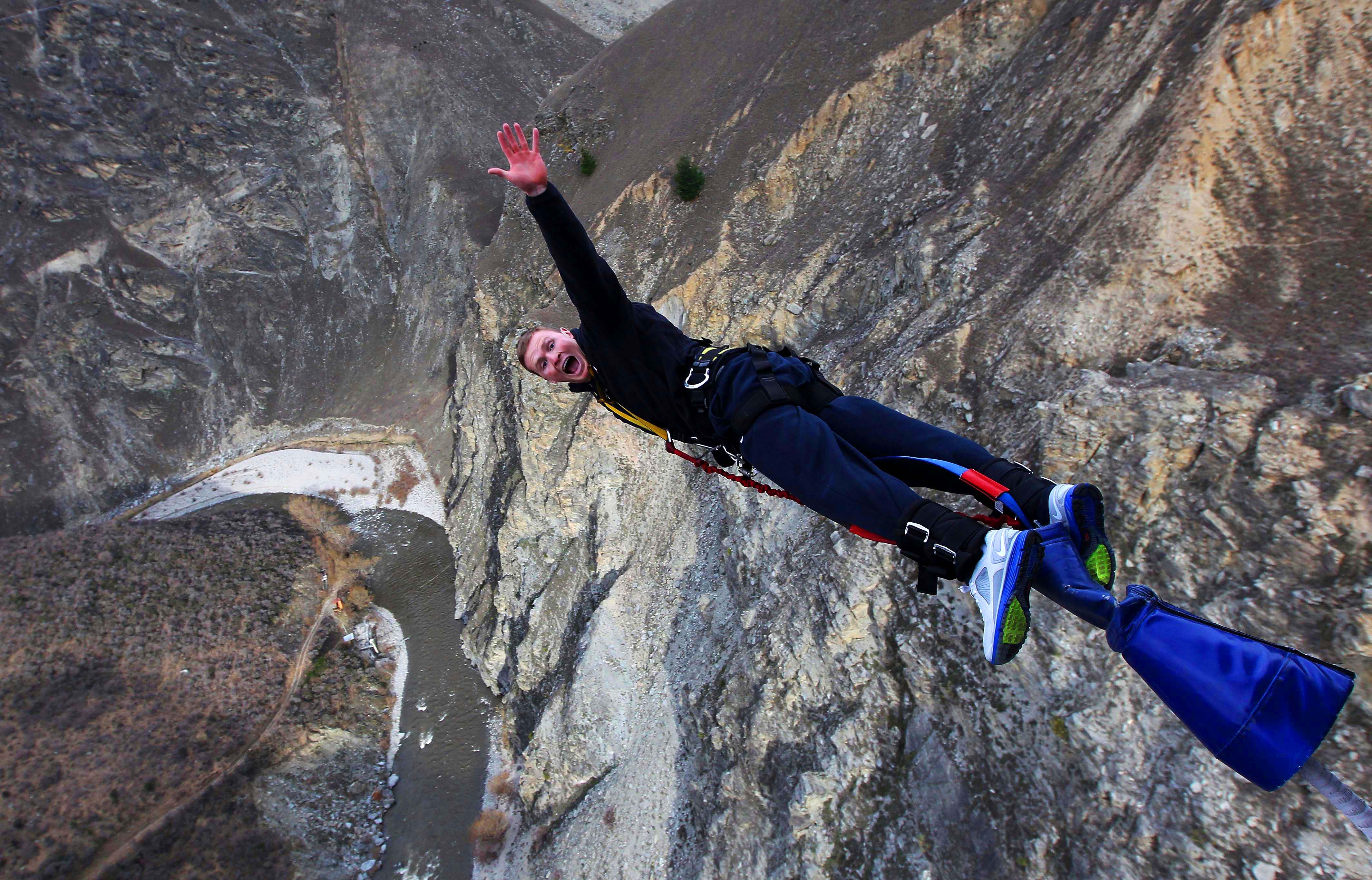 Chris Ashton bungy jumping off the Nevis Bungy.