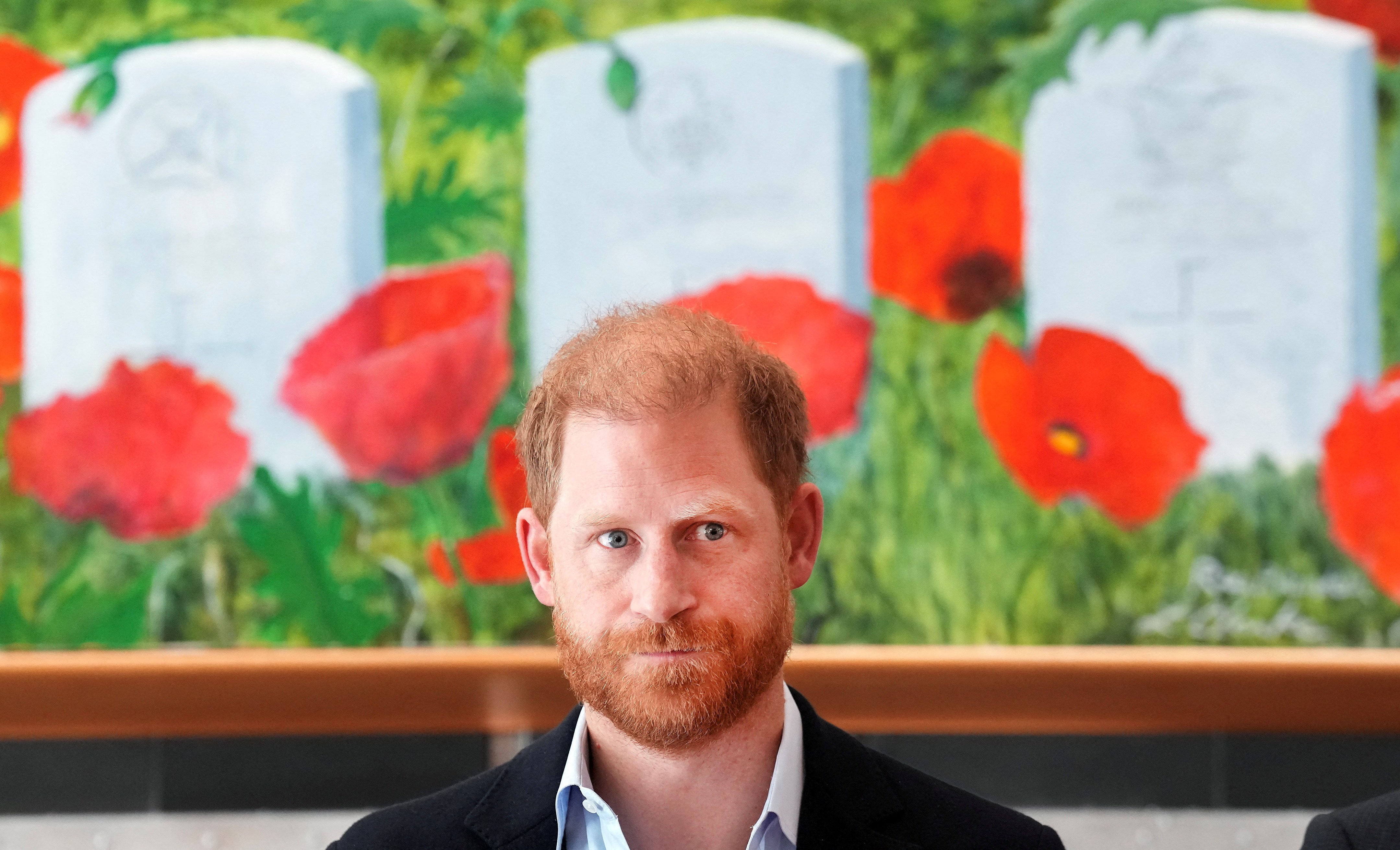 Prince Harry looking forward with a painting of poppies and tombstones behind him.
