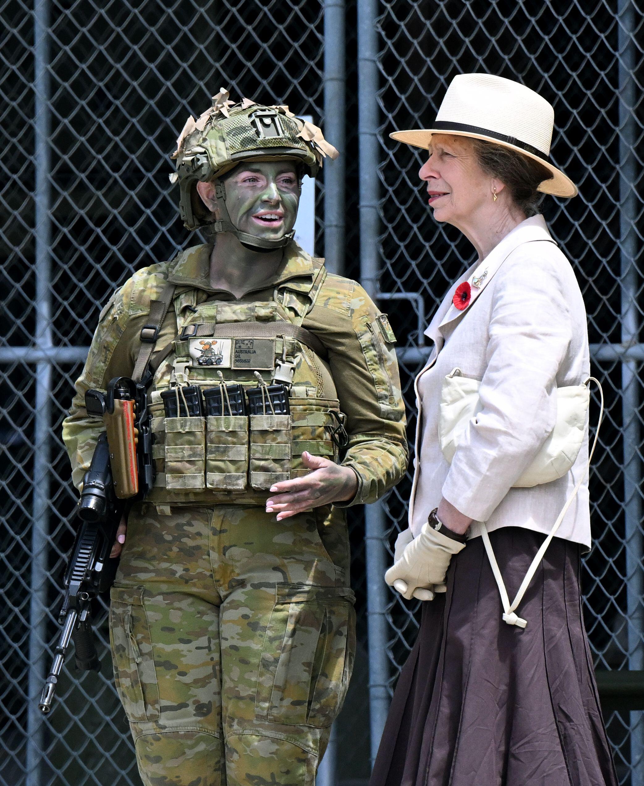 Princess Anne meeting Australian Defence Force soldiers at Gallipoli Barracks.