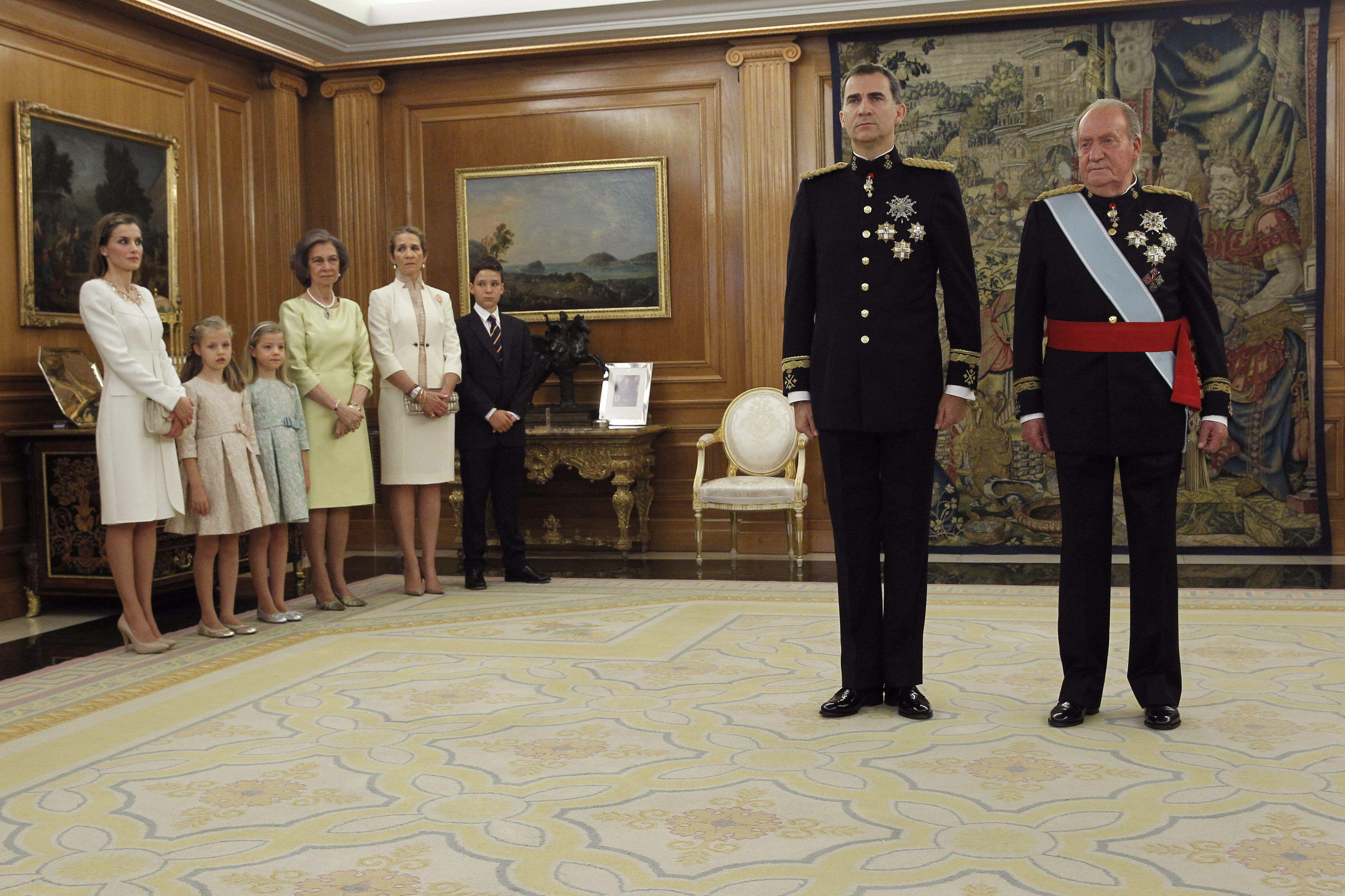 Queen Letizia of Spain, Princess Leonor, Princess Sofia, Queen Sofia, Princess Elena, Felipe Juan Froilan de Marichalar, King Felipe VI, and King Juan Carlos of Spain in a ceremony before the coronation of King Felipe VI.