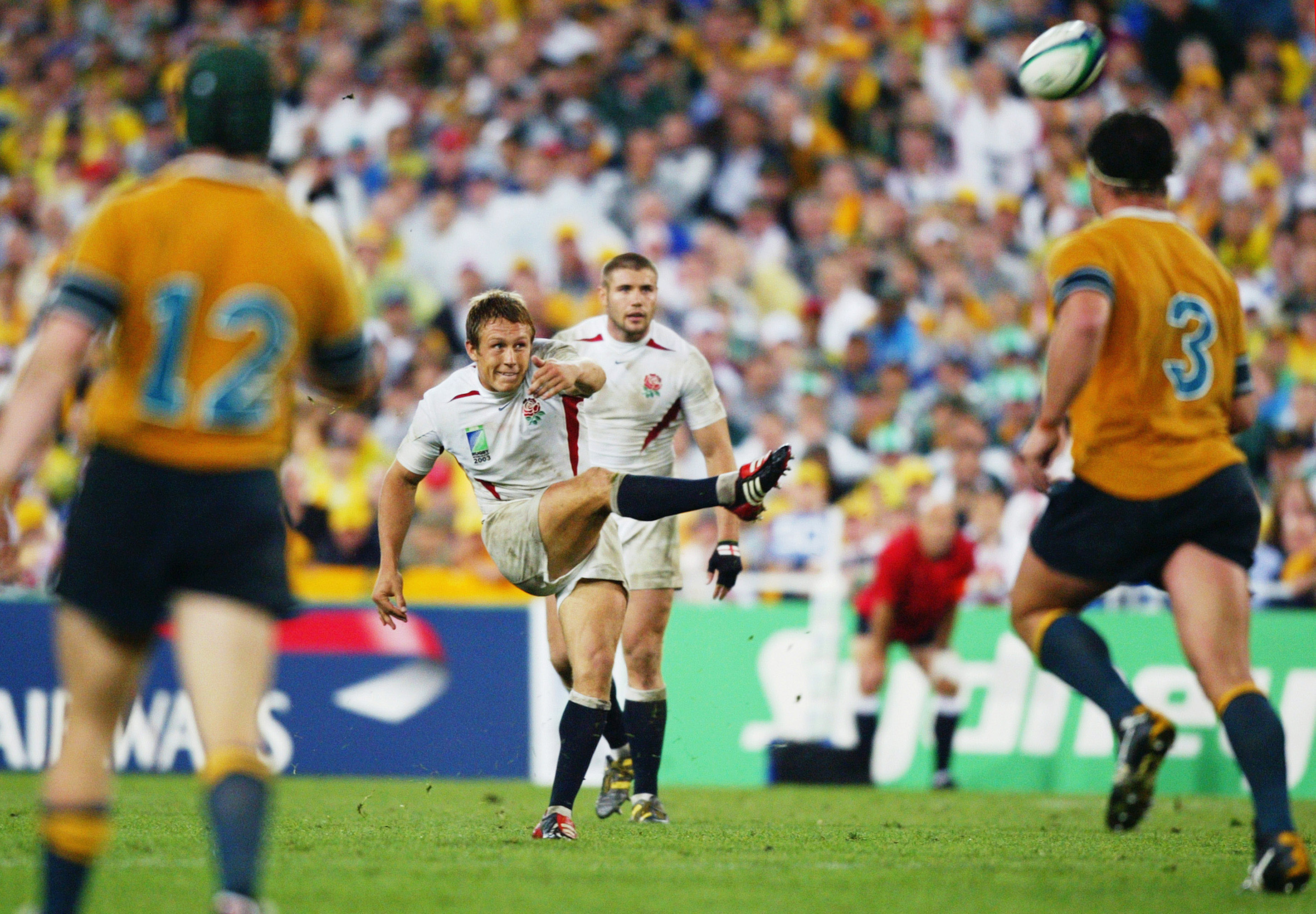 Jonny Wilkinson kicking the winning drop goal for England in the Rugby World Cup Final against Australia.