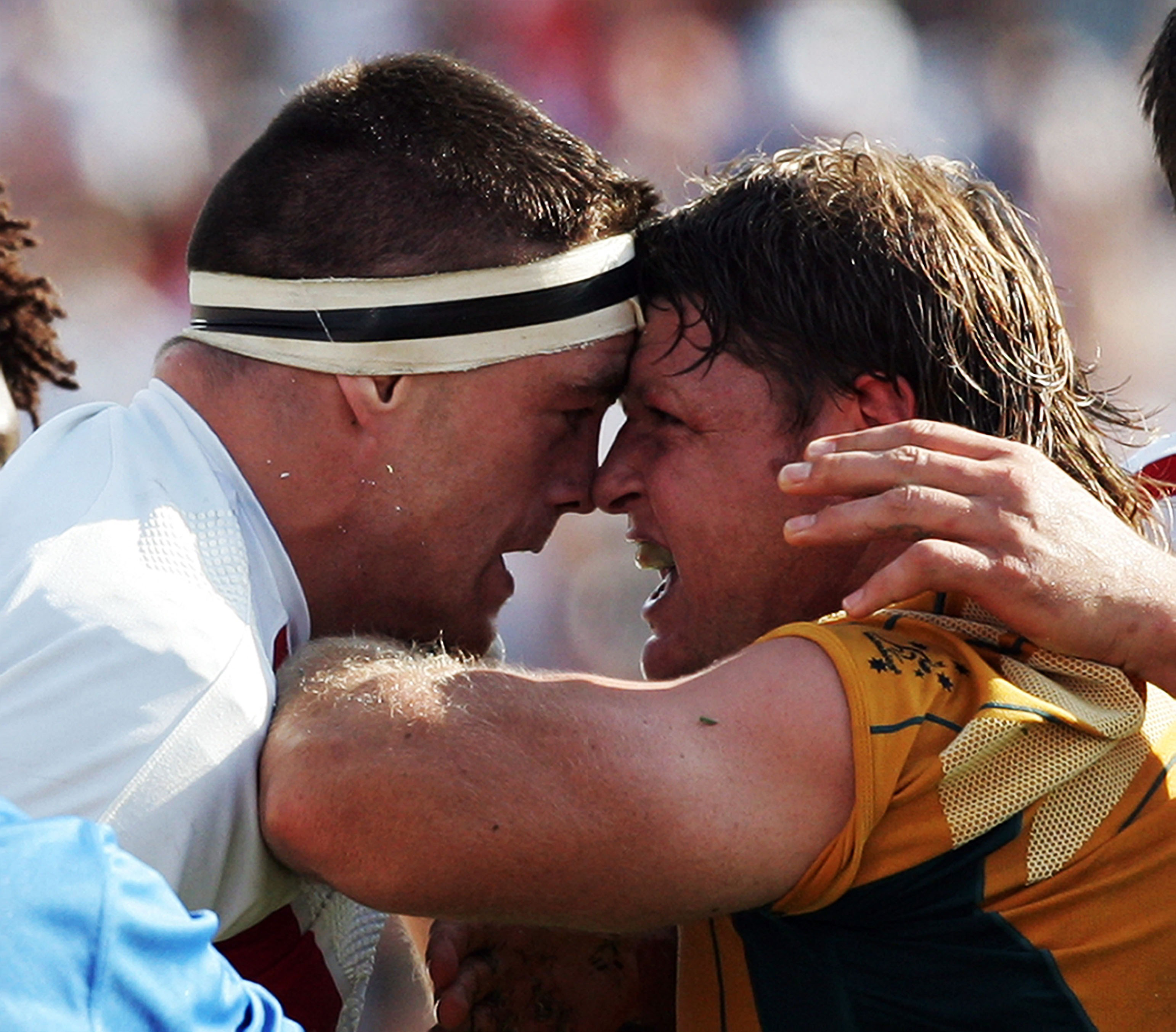Australia's Matt Dunning and England's Andrew Sheridan clashing during the Rugby World Cup 2007 Quarter Final.