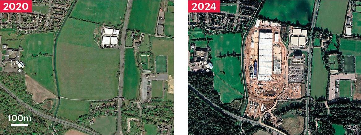 Satellite images show the construction of a large building between 2020 and 2024.
