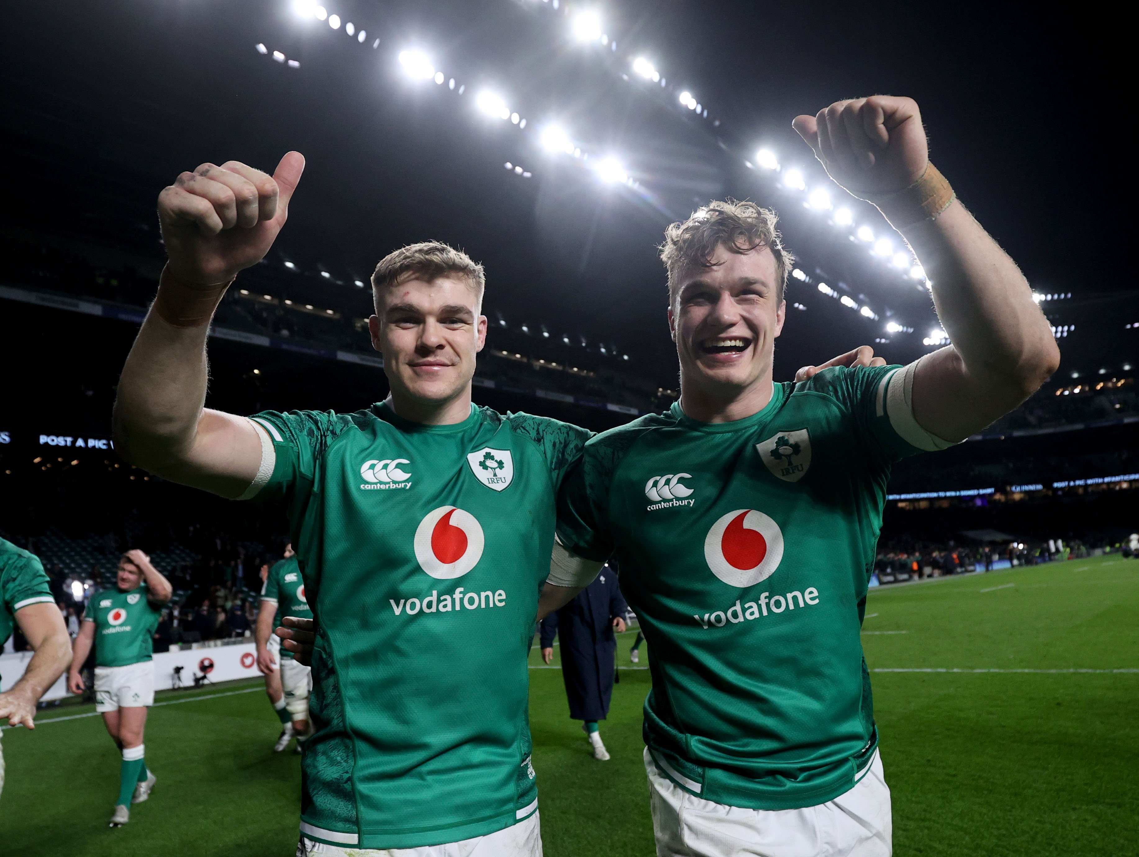 Garry Ringrose and Josh van der Flier celebrating Ireland's victory at the Guinness Six Nations Championship.