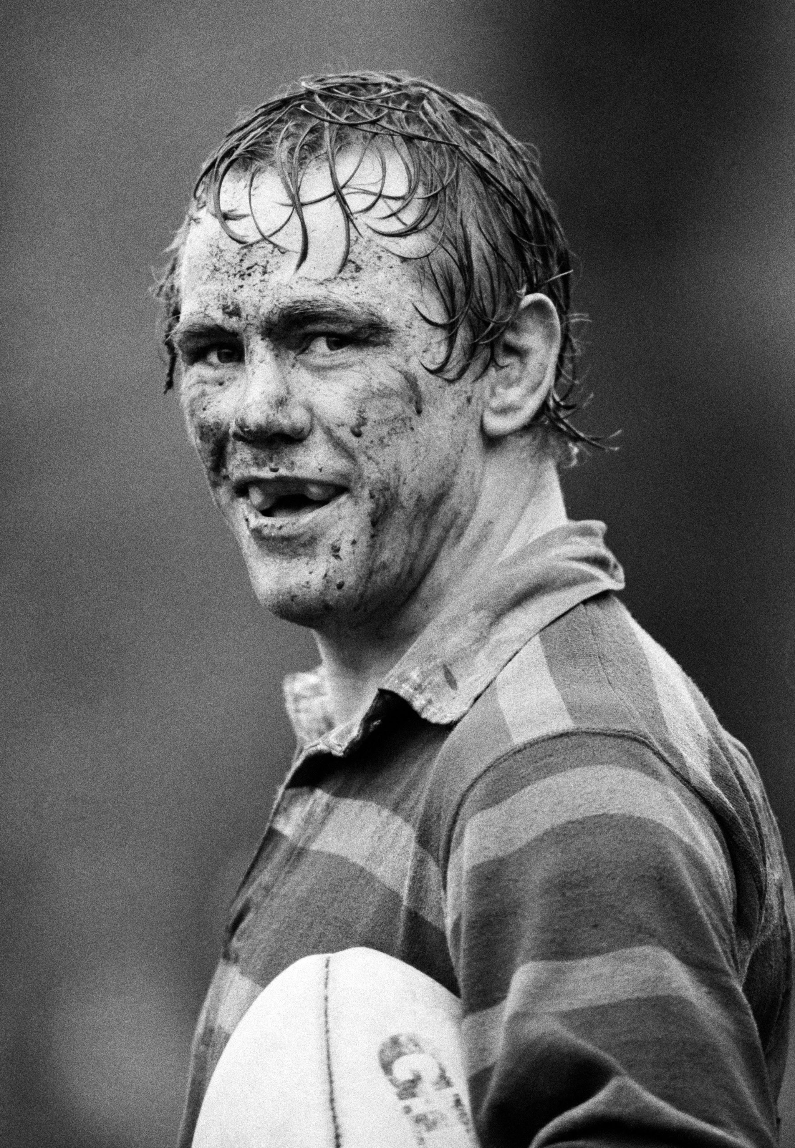 Peter Wheeler, Leicester hooker, covered in mud during the John Player Cup 4th round match in 1982.