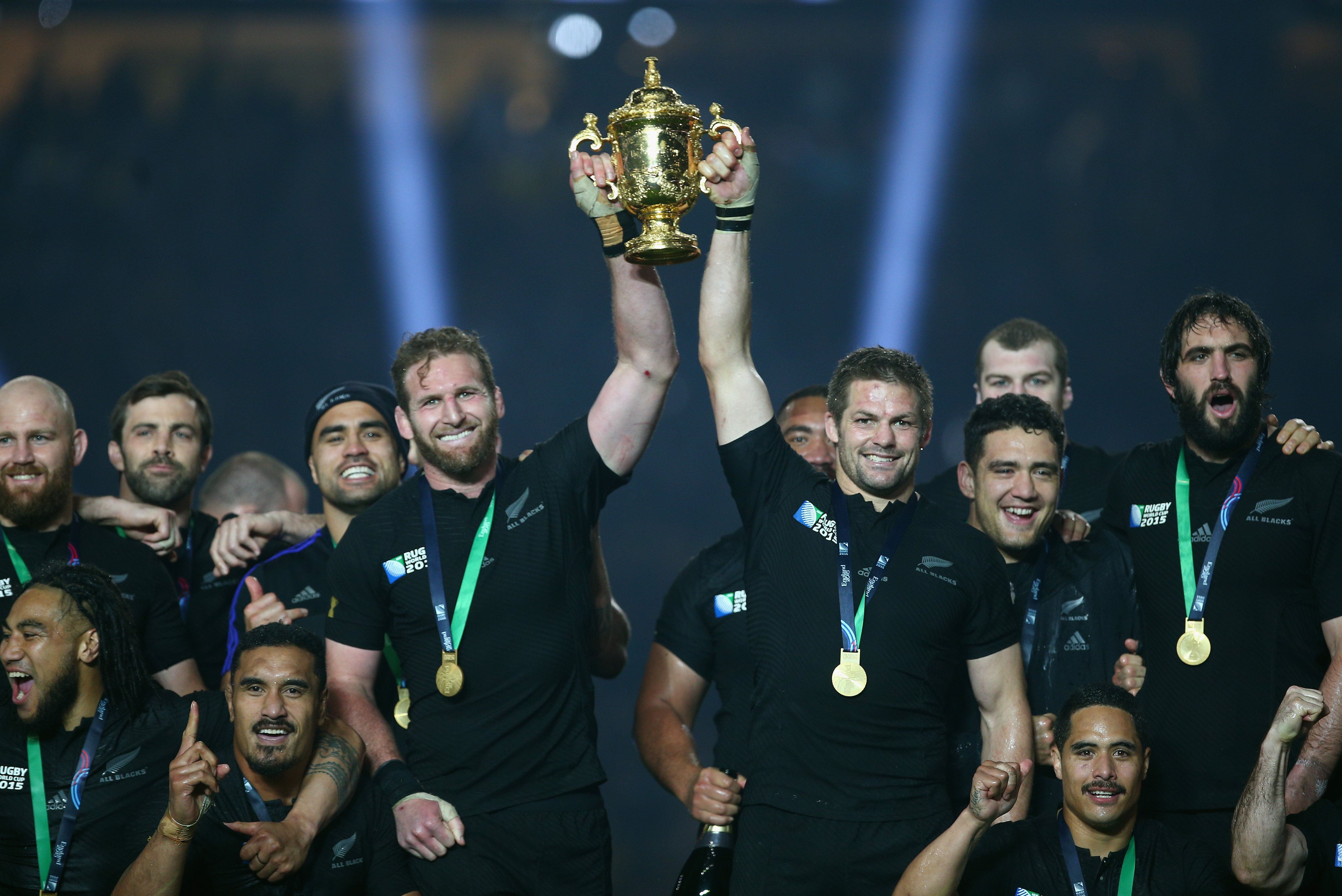Kieran Read and Richie McCaw of New Zealand hold aloft the Webb Ellis Cup after winning the 2015 Rugby World Cup Final.