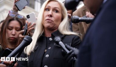 Marjorie Taylor Greene speaks to reporters outside the US Capitol in March