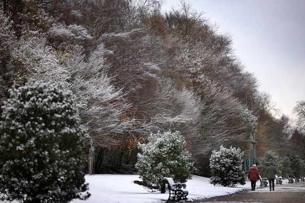 Snowy scenes in Alexandra Park in Oldham