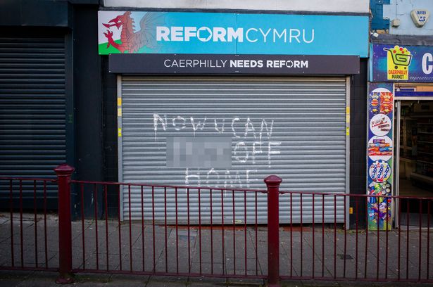 Graffiti spray painted on Reform's campaing office in Cardiff Road, Caerphilly, following their election defeat.