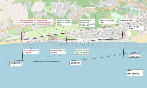 Option 2 for Managed Re-alignment would see a half-mile section of the promenade demolished and a new set-back wall built along the Cambrian Railway