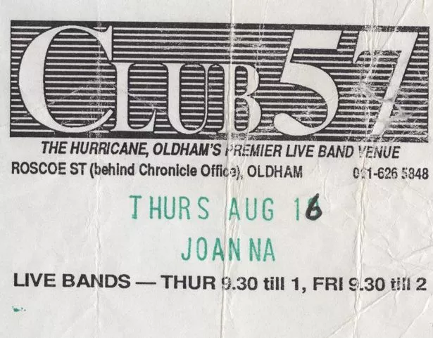 A ticket stub for Joanna's show at Oldham venue Club 57