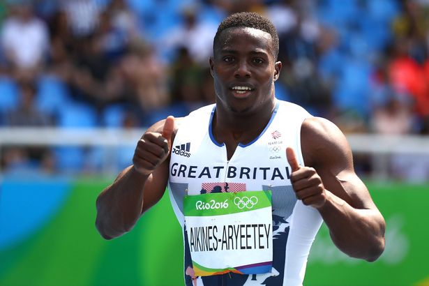 RIO DE JANEIRO, BRAZIL - AUGUST 18:  Harry Aikines-Aryeetey of Great Britain reacts during round one of the Men's 4 x 100m Relay on Day 13 of the Rio 2016 Olympic Games at the Olympic Stadium on August 18, 2016 in Rio de Janeiro, Brazil.  (Photo by Ian Walton/Getty Images)