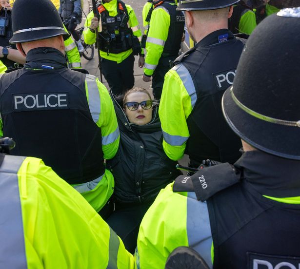 One of those arrested for displaying a sign in support of proscribed group Palestine Action is carried away by police at College Green in Bristol