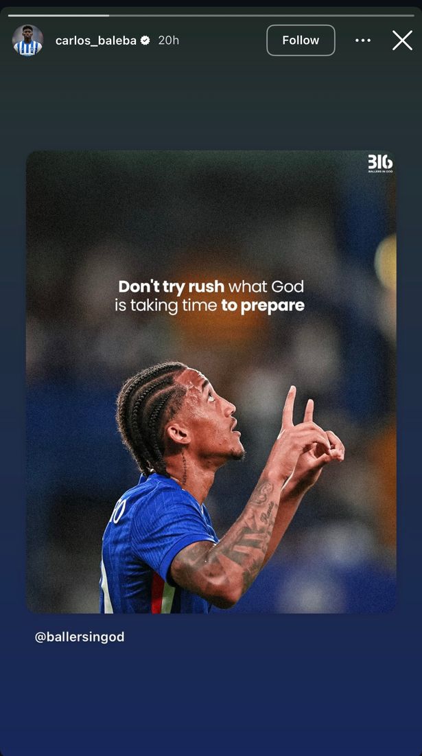 Carlos Baleba's Instagram story showing former Brighton teammate Joao Pedro along with the quote: "Don't try rush what God is taking time to prepare."
