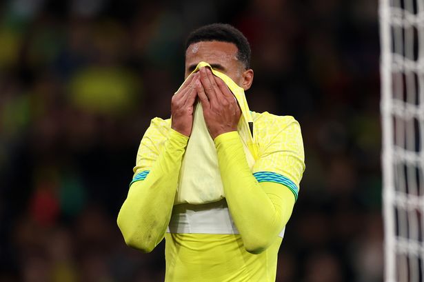 Gabriel Magalhaes after suffering an injury during the International Friendly between Brazil and Senegal at Emirates Stadium. 