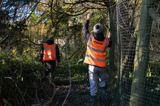 Two offenders on community service cut down branches blocking a canal path