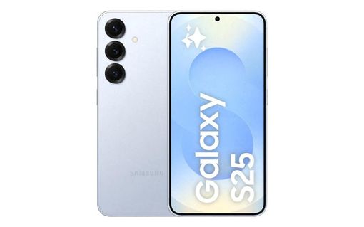 A Samsung Galaxy S25 mobile phone in front of a white background