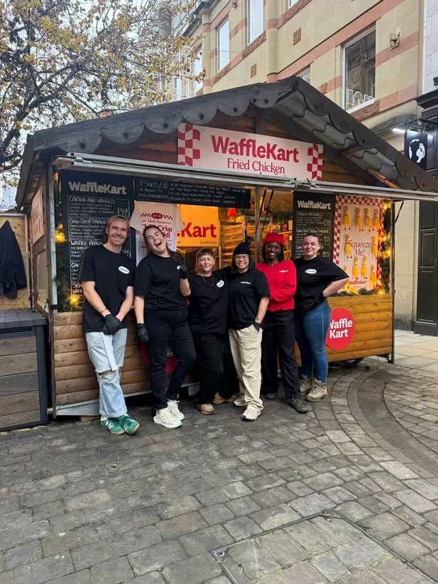 Heather Brown and Maisie Chow (centre) with the Waffle Kart team in King Street, Manchester 