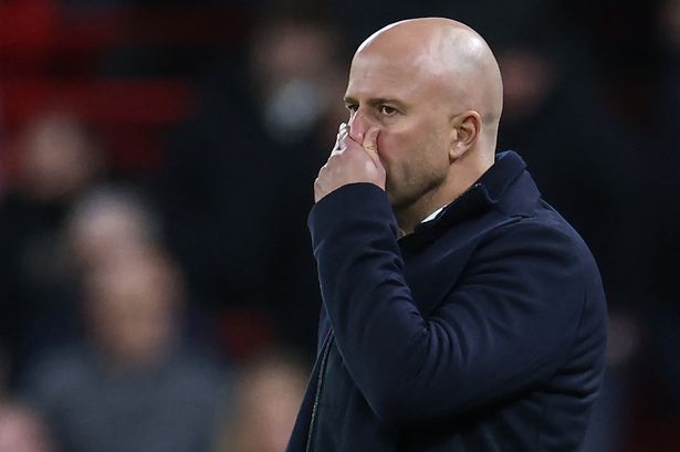 Liverpool's Dutch manager Arne Slot reacts during the English Premier League football match between Liverpool and Nottingham Forest at Anfield in Liverpool, north west England on November 22, 2025. 