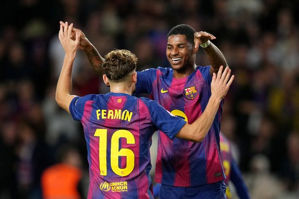 Marcus Rashford of FC Barcelona celebrates scoring his team's third goal with teammate Fermin Lopez during the LaLiga EA Sports match between FC Barcelona and Elche CF at Spotify Camp Nou on November 02, 2025 in Barcelona, Spain