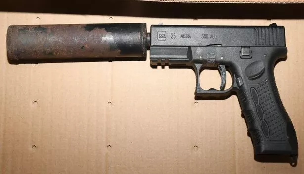 A converted Zoraki 917 blank-firing handgun, fitted with a silencer, which was discovered in woodland near to Rice Lane Recreation Ground