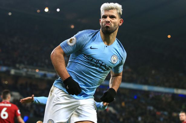 Sergio Aguero of Man City celebrates scoring the opening goal during the Premier League match between Manchester City and Liverpool FC at the Etihad Stadium on January 3, 2019 in Manchester, United Kingdom. 