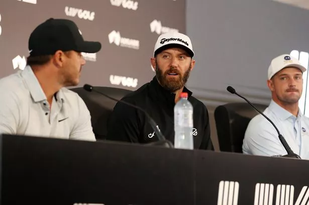 Brooks Koepka, Captain of team Smash and Dustin Johnson, Captain of 4Aces Bryson DeChambeau, Captain of the Crushers during a practice round ahead of LIV Golf Adelaide at The Grange Golf Club on April 19, 2023 in Adelaide, Australia. 