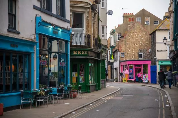 Margate, United Kingdom - April 06, 2024: Margate Old Town with colourful shop facades