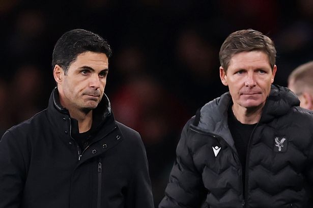 Mikel Arteta, Manager of Arsenal, and Oliver Glasner, Manager of Crystal Palace, look on 