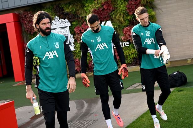 Alisson Becker, Giorgi Mamardashvili, Freddie Woodman and Armin Pecsi of Liverpool during a training session at AXA Melwood Training Centre