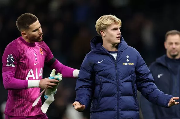 Guglielmo Vicario comes over to protect Lucas Bergvall after the Premier League match between Tottenham Hotspur and Chelsea