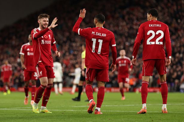 LIVERPOOL, ENGLAND - NOVEMBER 01: (THE SUN OUT, THE SUN ON SUNDAY OUT) Mohamed Salah of Liverpool celebrates scoring his team's first goal with teammate Conor Bradley during the Premier League match between Liverpool and Aston Villa at Anfield on November 01, 2025 in Liverpool, England. (Photo by Liverpool FC/Liverpool FC via Getty Images)