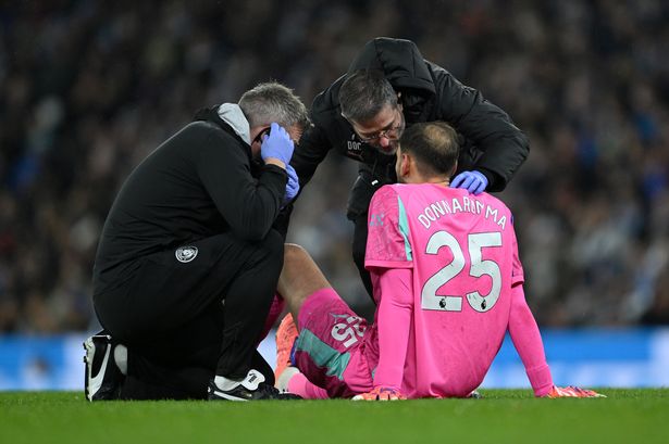 Gianluigi Donnarumma of Manchester City receives medical treatment during the Premier League match between Manchester City and Leeds United at Etihad Stadium 