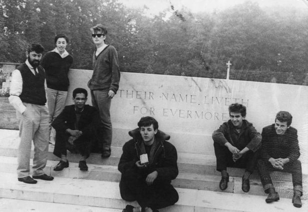 The Beatles in Arnhem on August 15, 1960, en-route to Hamburg, days after Paul wrote the letter. L-R: Allan Williams, Beryl Williams, Lord Woodbine (Harold Phillips), Stuart Sutcliffe, Paul McCartney, George Harrison, Pete Best. The image was likely taken by John Lennon.