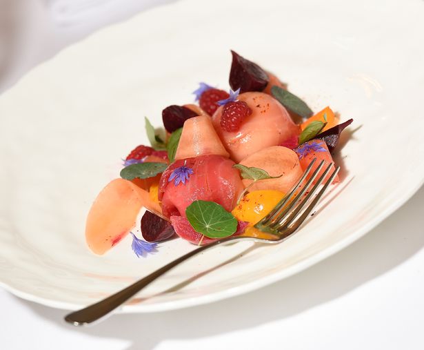 Goats cheese salad with cherry clafoutis at The Peat Inn