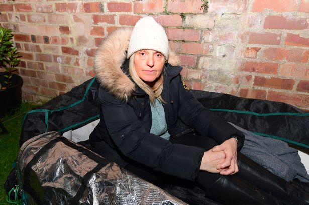 Homeless June Edwards aged 61, is sleeping in a bag in a friend's back garden in Huyton
