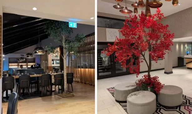 Hotel reception and restaurant at Crowne plaza