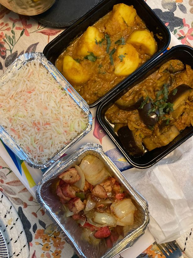 Trays of food seen from above