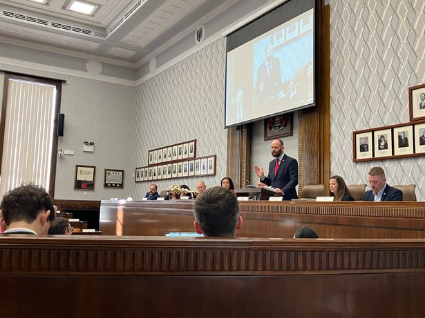 Salford City Mayor Paul Dennett speaking during a previous council meeting (Image: Declan Carey)