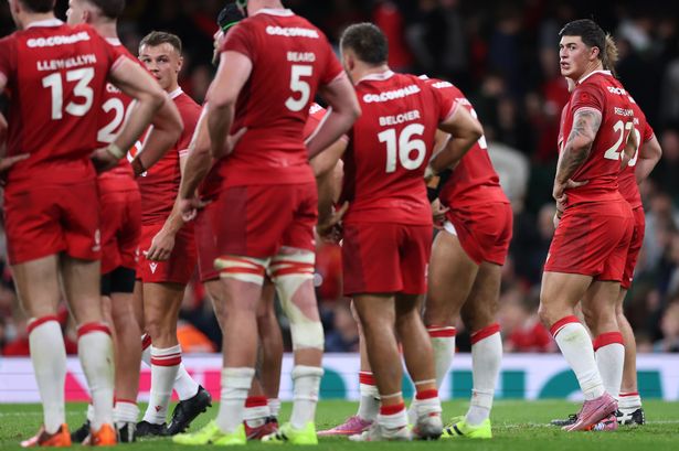 Dejected Wales react after conceding the sixth try against Argentina