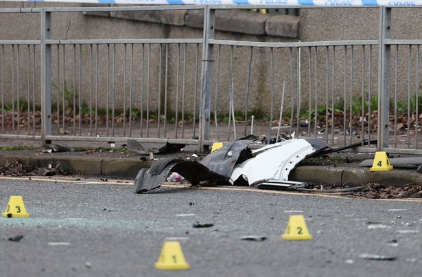 Road Traffic Policing officers investigate a collision involving a police Scotland van and two other cars on Corkerhill Road Glasgow.