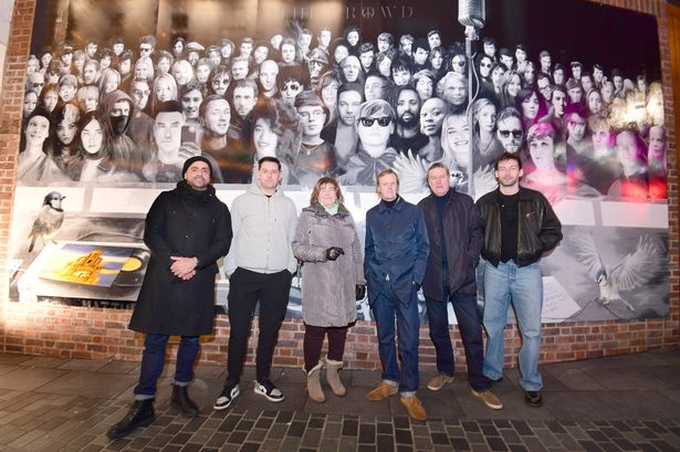 From left to right, Yousef, Anton Powers, Freda Kelly (Epstein's PA) , Carl Hunter (The Farm), Peter Hooton (The Farm), Fran Doran (Red Rum Club)