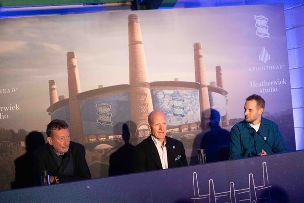 Steven Knight (left), Tom Wagner and architect Eliot Postma (right) at the launch of Birmingham City's new stadium, The Powerhouse