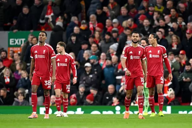 Liverpool players react during the Premier League defeat to Nottingham Forest